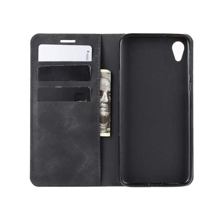 Silky Touch Leather Wallet Stand Case Covering for Motorola Moto E6 - Black-3