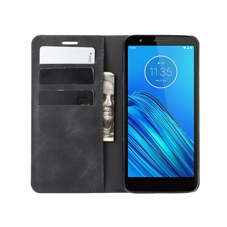Silky Touch Leather Wallet Stand Case Covering for Motorola Moto E6 - Black-4