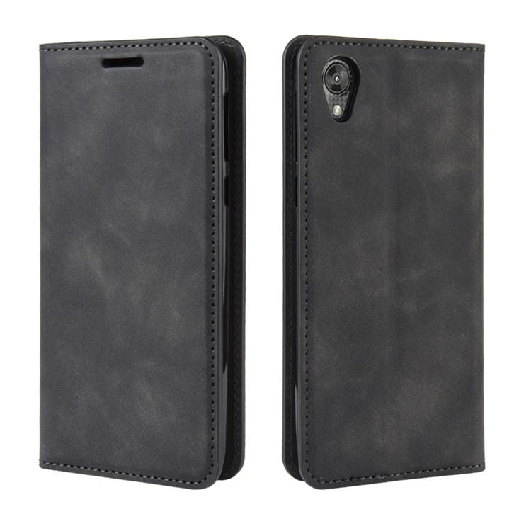Silky Touch Leather Wallet Stand Case Covering for Motorola Moto E6 - Black-7