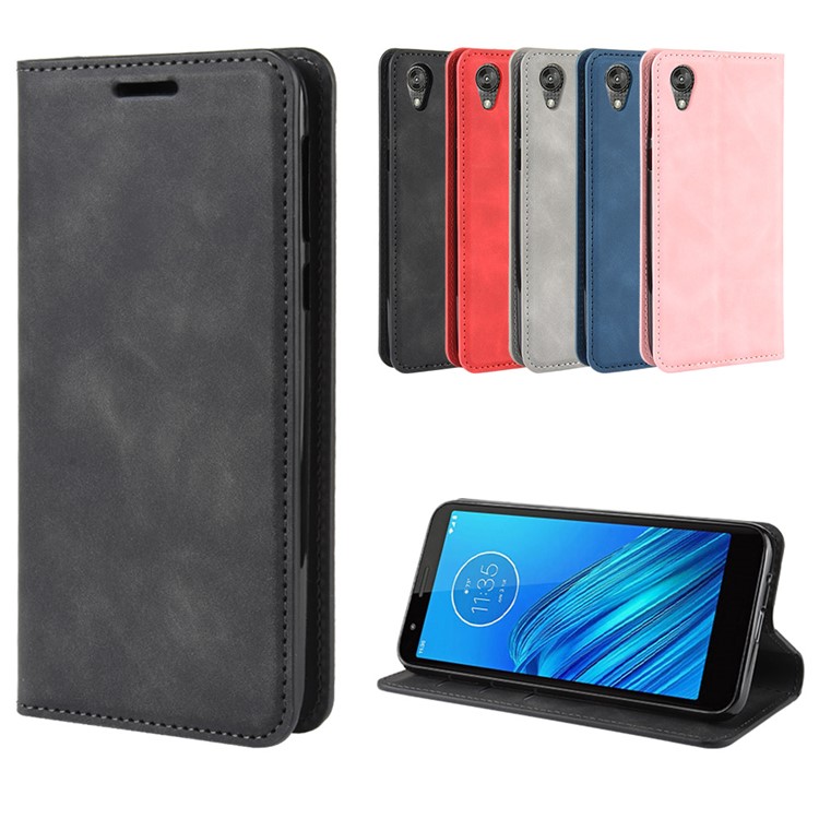 Silky Touch Leather Wallet Stand Case Covering for Motorola Moto E6 - Black-9