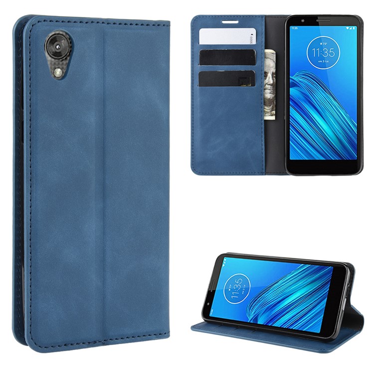 Silky Touch Leather Wallet Stand Case Covering for Motorola Moto E6 - Blue-1