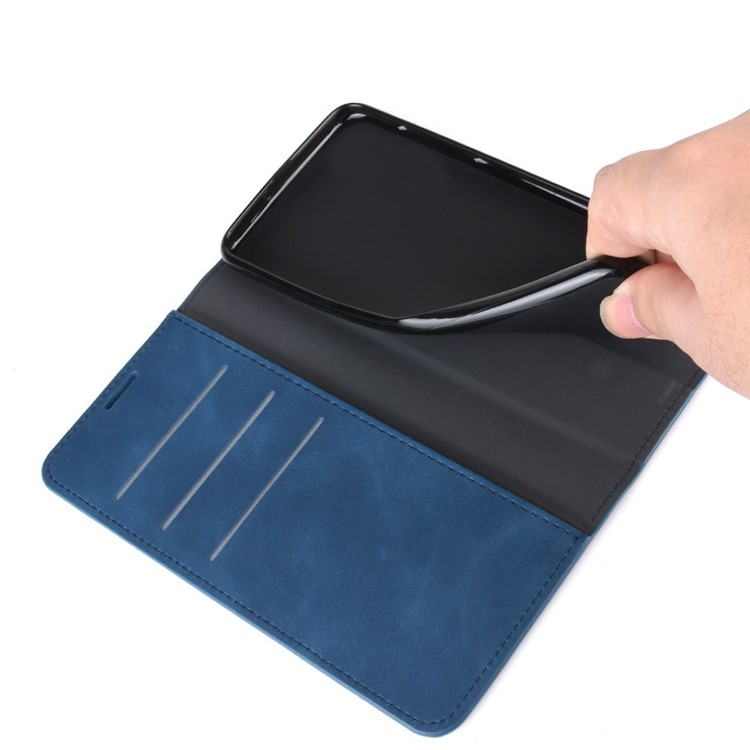 Silky Touch Leather Wallet Stand Case Covering for Motorola Moto E6 - Blue-4