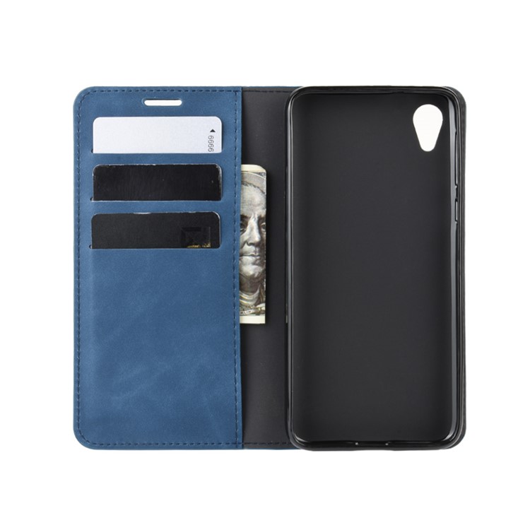 Silky Touch Leather Wallet Stand Case Covering for Motorola Moto E6 - Blue-5