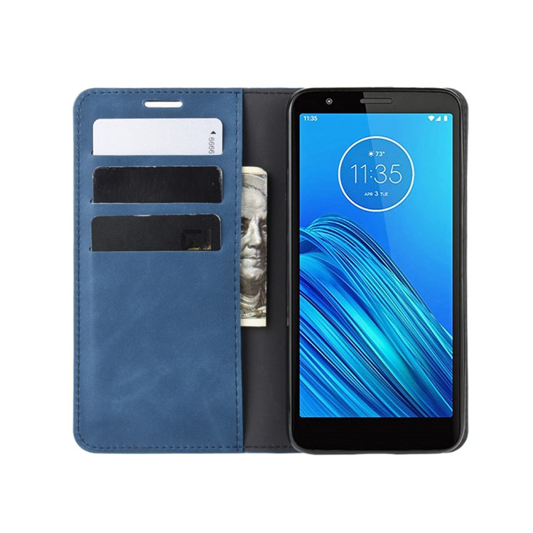 Silky Touch Leather Wallet Stand Case Covering for Motorola Moto E6 - Blue-6