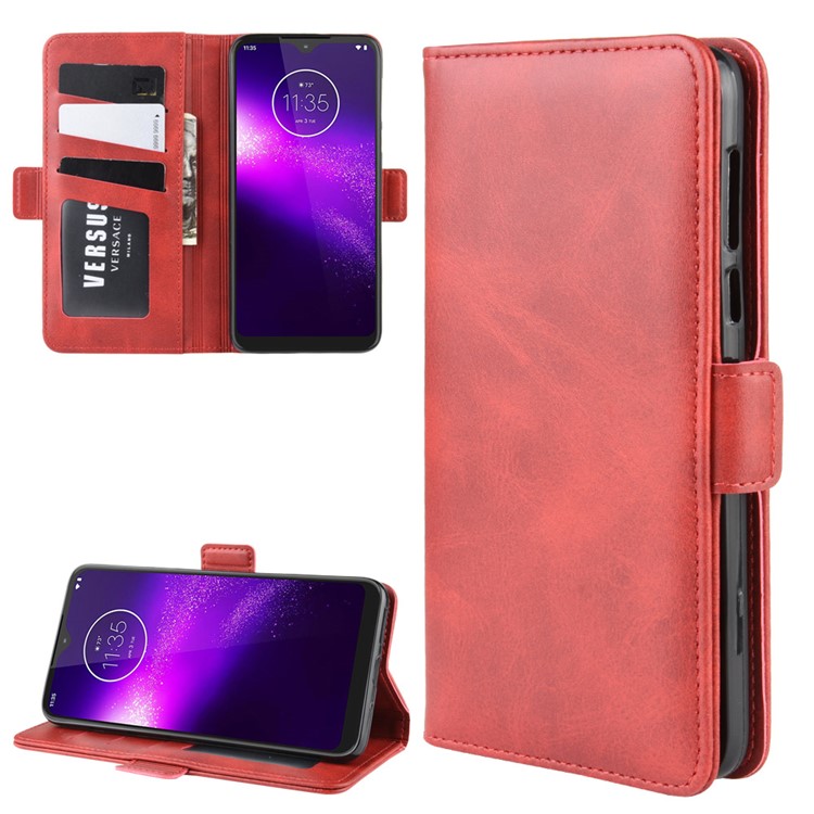 Magnet Adsorption Leather Wallet Phone Stand Case for Motorola One Macro/Moto G8 Play - Red-1