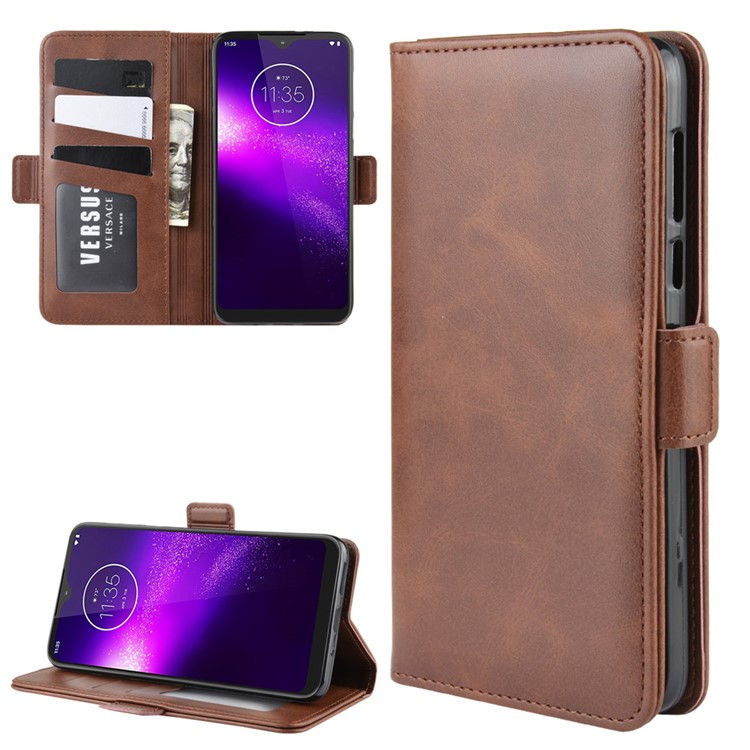 Magnet Adsorption Leather Wallet Phone Stand Case for Motorola One Macro/Moto G8 Play - Coffee-1
