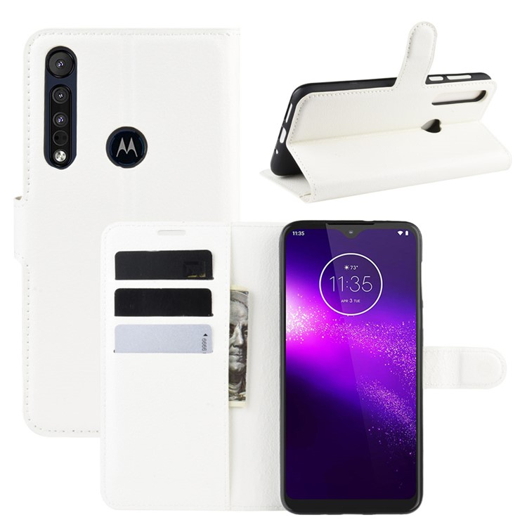 Litchi Grain Wallet Leather Phone Cover for Motorola One Macro/Moto G8 Play - White-1