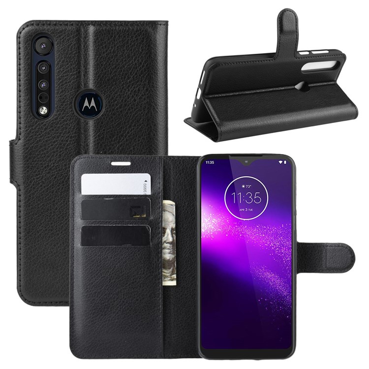Litchi Grain Wallet Leather Phone Cover for Motorola One Macro/Moto G8 Play - Black-1