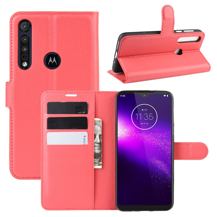 Litchi Grain Wallet Leather Phone Cover for Motorola One Macro/Moto G8 Play - Red-1