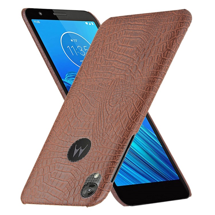 Crocodile Skin PU Leather Coated PC Phone Cover for Motorola Moto E6 - Brown-1