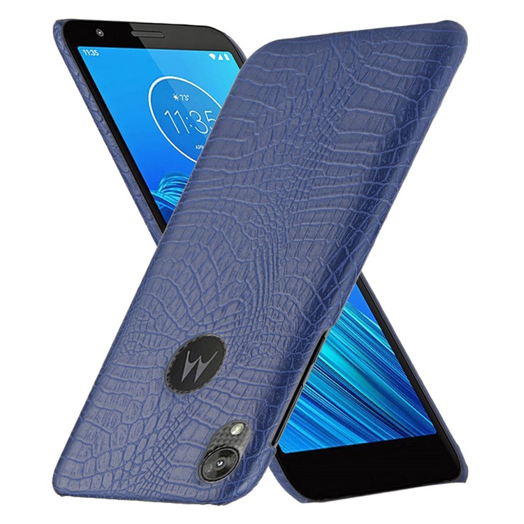 Crocodile Skin PU Leather Coated PC Phone Cover for Motorola Moto E6 - Dark Blue-1