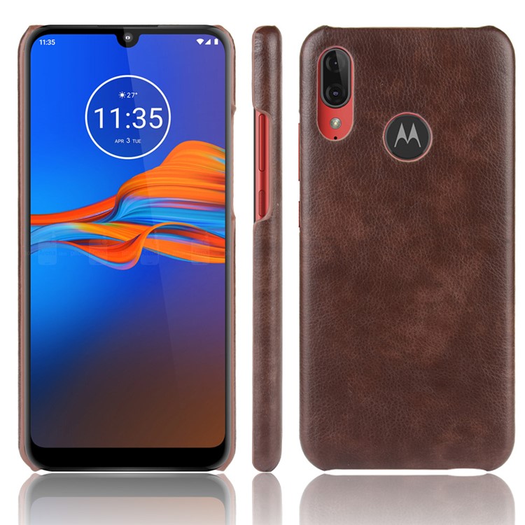 Litchi Skin Leather Coated Hard PC Back Shell for Motorola Moto E6 Plus/E6s (2019) - Brown-1