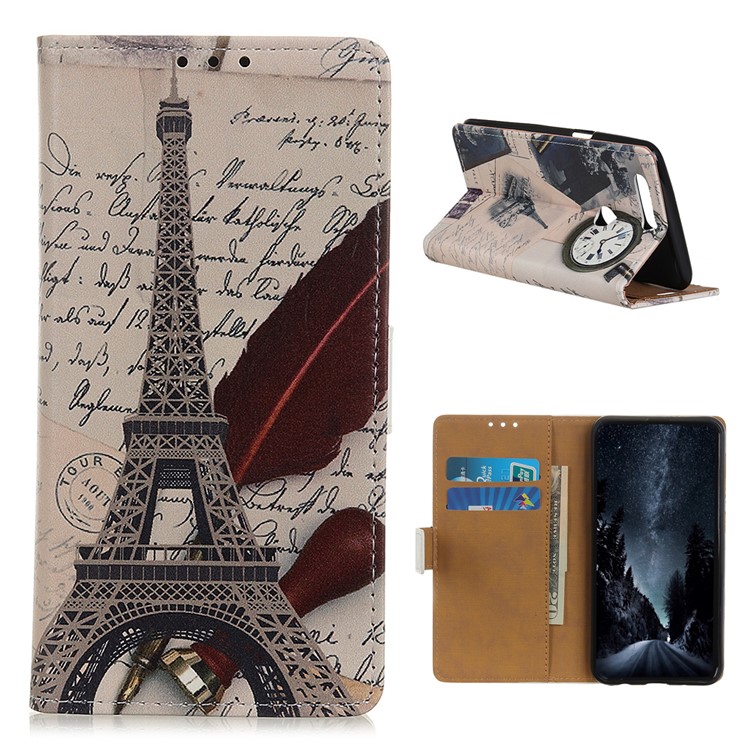 Pattern Printing PU Leather Wallet Stand Phone Cover for Motorola Moto E6 Play - Eiffel Tower and Letters-1