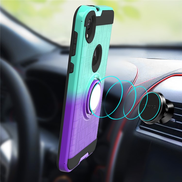 Gradient Color Plastic + TPU Phone Cover Case with Ring Holder Kickstand for Motorola Moto E6 - Cyan+Purple-2
