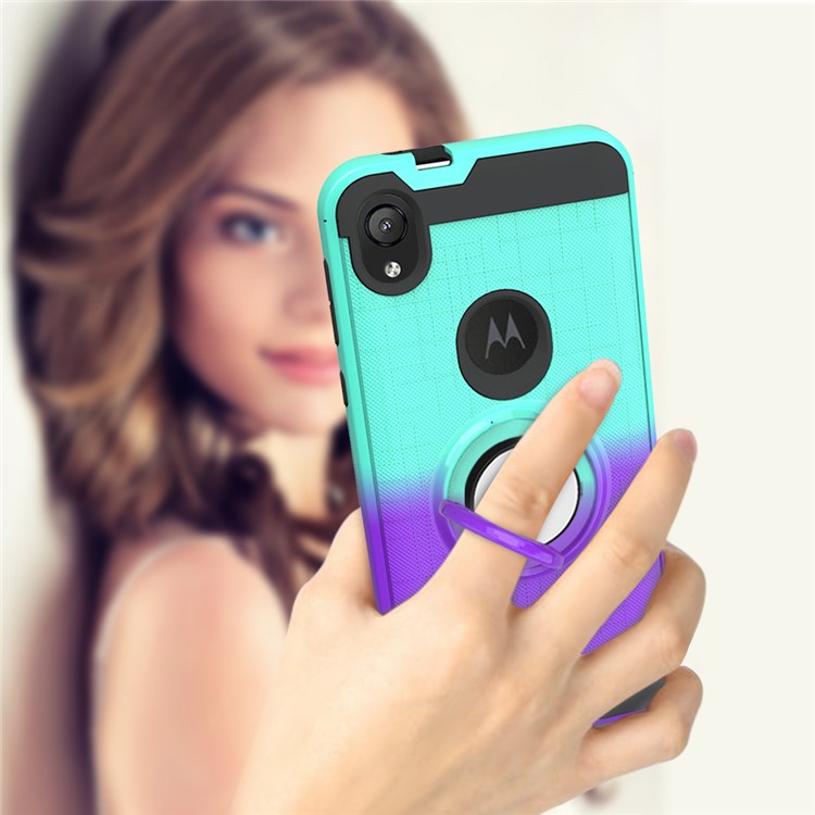 Gradient Color Plastic + TPU Phone Cover Case with Ring Holder Kickstand for Motorola Moto E6 - Cyan+Purple-3