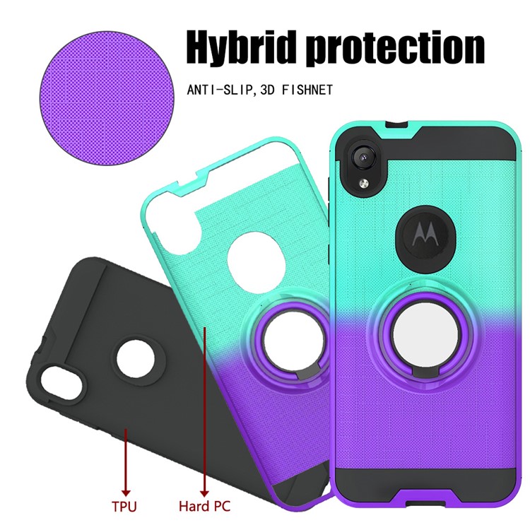 Gradient Color Plastic + TPU Phone Cover Case with Ring Holder Kickstand for Motorola Moto E6 - Cyan+Purple-5