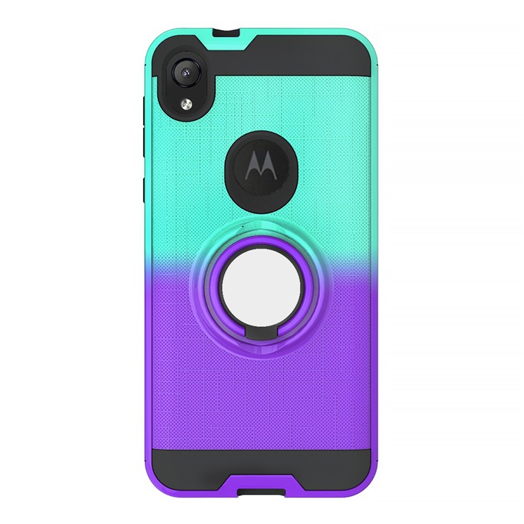 Gradient Color Plastic + TPU Phone Cover Case with Ring Holder Kickstand for Motorola Moto E6 - Cyan+Purple-7