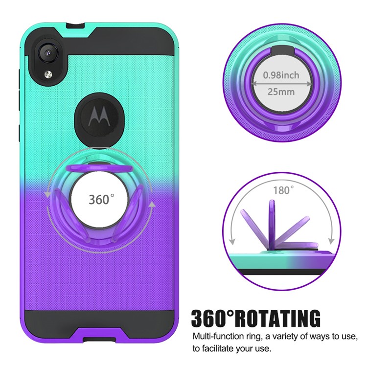 Gradient Color Plastic + TPU Phone Cover Case with Ring Holder Kickstand for Motorola Moto E6 - Cyan+Purple-8