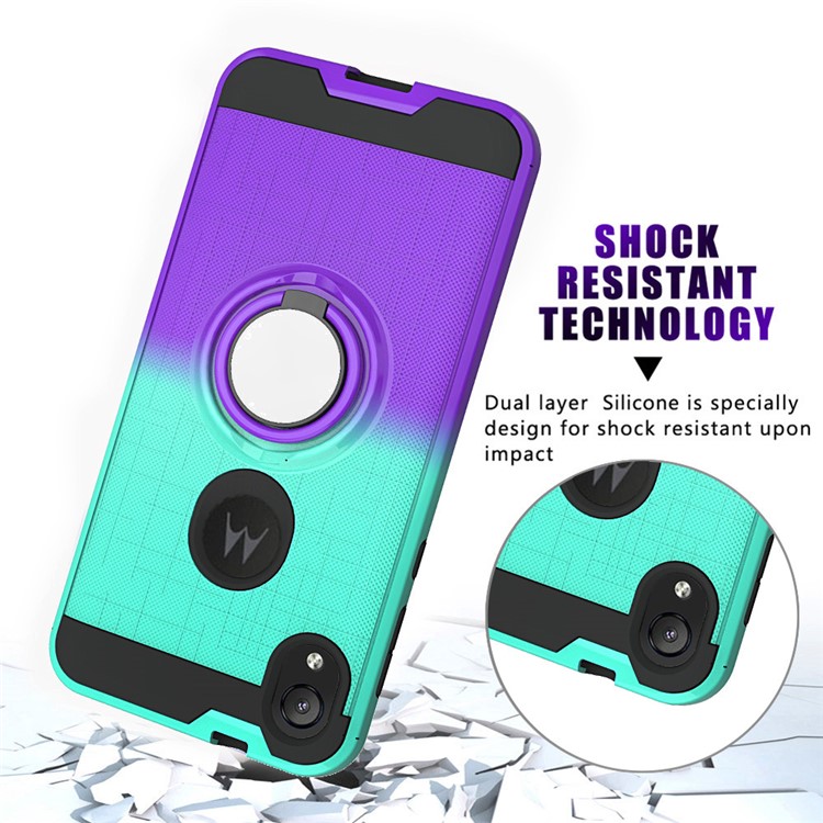 Gradient Color Plastic + TPU Phone Cover Case with Ring Holder Kickstand for Motorola Moto E6 - Cyan+Purple-9