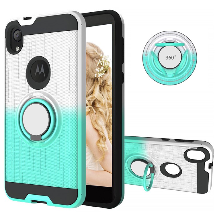 Gradient Color Plastic + TPU Phone Cover Case with Ring Holder Kickstand for Motorola Moto E6 - Cyan+White-1