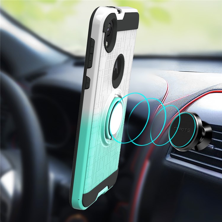 Gradient Color Plastic + TPU Phone Cover Case with Ring Holder Kickstand for Motorola Moto E6 - Cyan+White-2