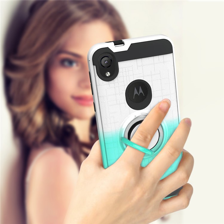 Gradient Color Plastic + TPU Phone Cover Case with Ring Holder Kickstand for Motorola Moto E6 - Cyan+White-3