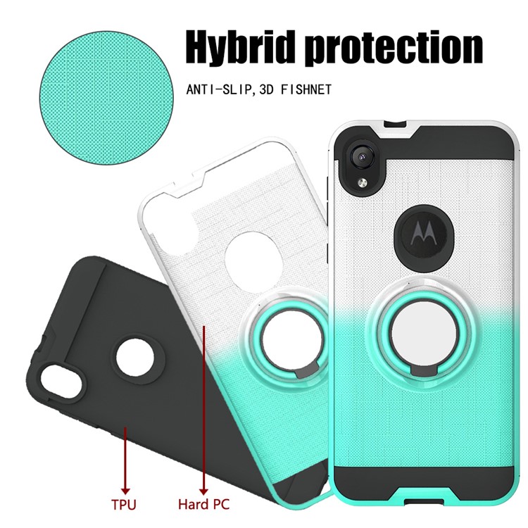 Gradient Color Plastic + TPU Phone Cover Case with Ring Holder Kickstand for Motorola Moto E6 - Cyan+White-5