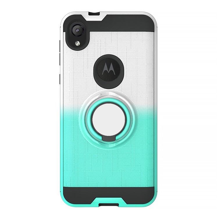 Gradient Color Plastic + TPU Phone Cover Case with Ring Holder Kickstand for Motorola Moto E6 - Cyan+White-7