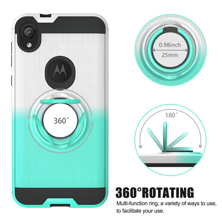Gradient Color Plastic + TPU Phone Cover Case with Ring Holder Kickstand for Motorola Moto E6 - Cyan+White-8