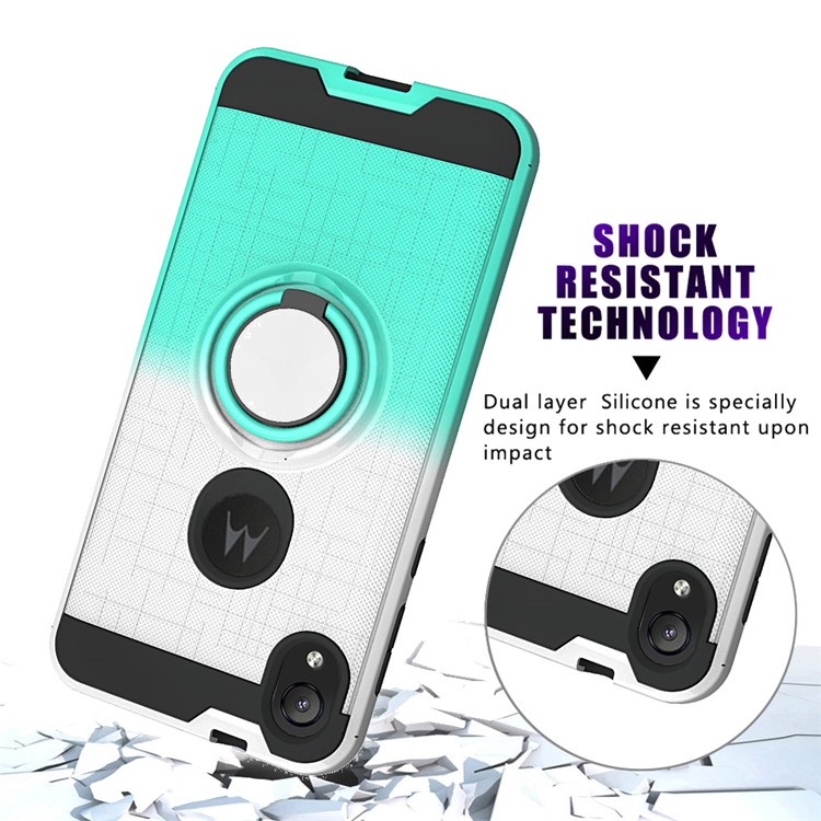 Gradient Color Plastic + TPU Phone Cover Case with Ring Holder Kickstand for Motorola Moto E6 - Cyan+White-9