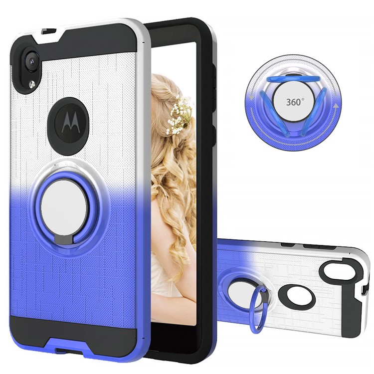 Gradient Color Plastic + TPU Phone Cover Case with Ring Holder Kickstand for Motorola Moto E6 - White+Dark Blue-1
