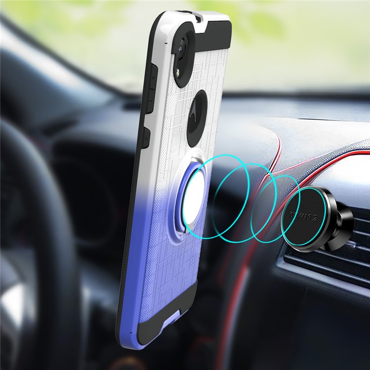 Gradient Color Plastic + TPU Phone Cover Case with Ring Holder Kickstand for Motorola Moto E6 - White+Dark Blue-2