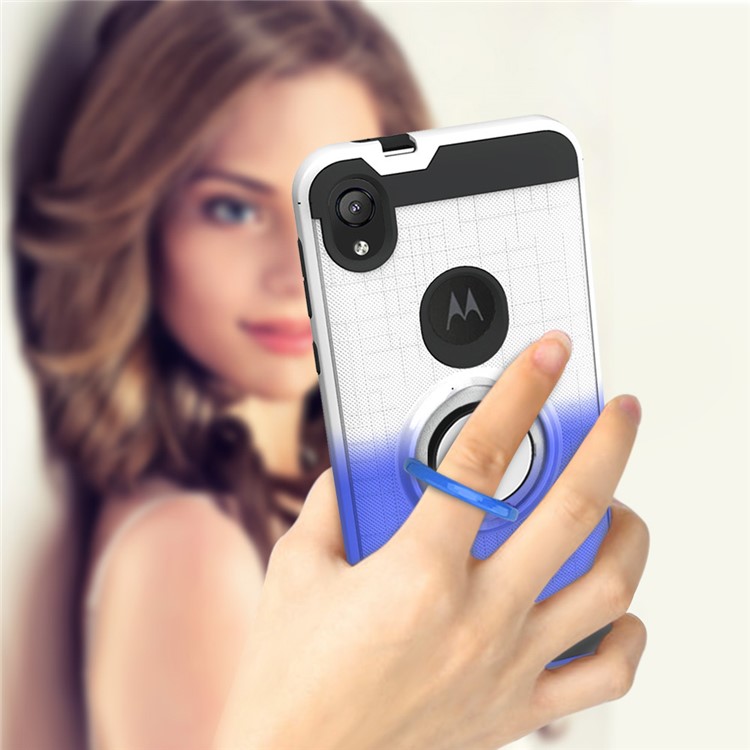 Gradient Color Plastic + TPU Phone Cover Case with Ring Holder Kickstand for Motorola Moto E6 - White+Dark Blue-3