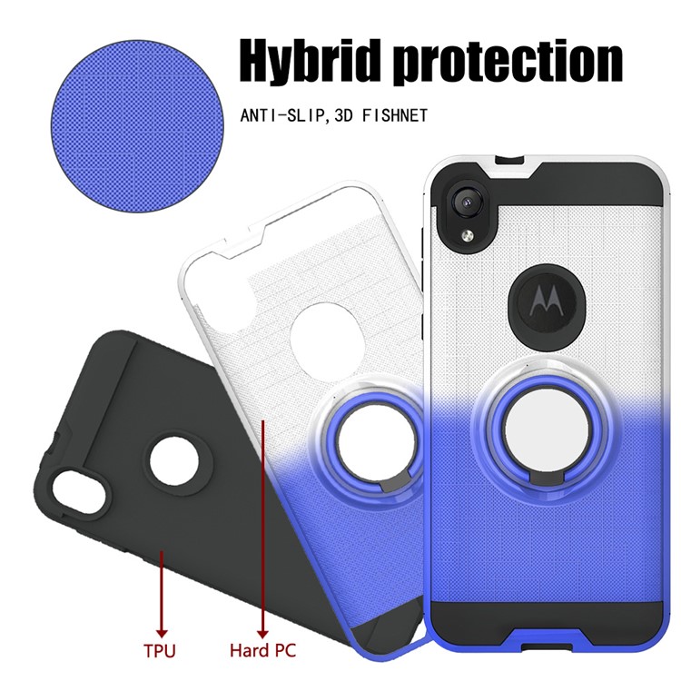 Gradient Color Plastic + TPU Phone Cover Case with Ring Holder Kickstand for Motorola Moto E6 - White+Dark Blue-5