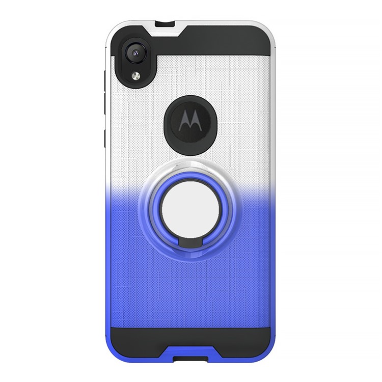Gradient Color Plastic + TPU Phone Cover Case with Ring Holder Kickstand for Motorola Moto E6 - White+Dark Blue-7