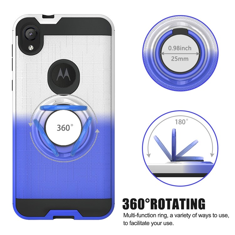 Gradient Color Plastic + TPU Phone Cover Case with Ring Holder Kickstand for Motorola Moto E6 - White+Dark Blue-8