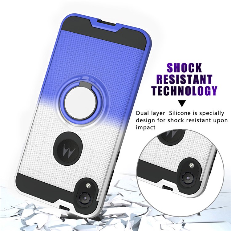 Gradient Color Plastic + TPU Phone Cover Case with Ring Holder Kickstand for Motorola Moto E6 - White+Dark Blue-9