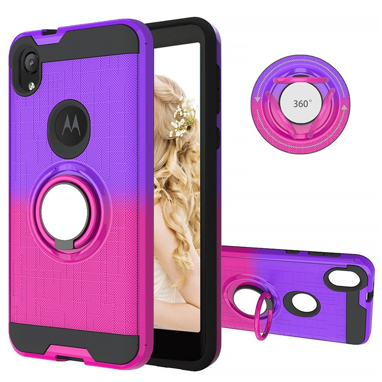 Gradient Color Plastic + TPU Phone Cover Case with Ring Holder Kickstand for Motorola Moto E6 - Purple+Rose-1