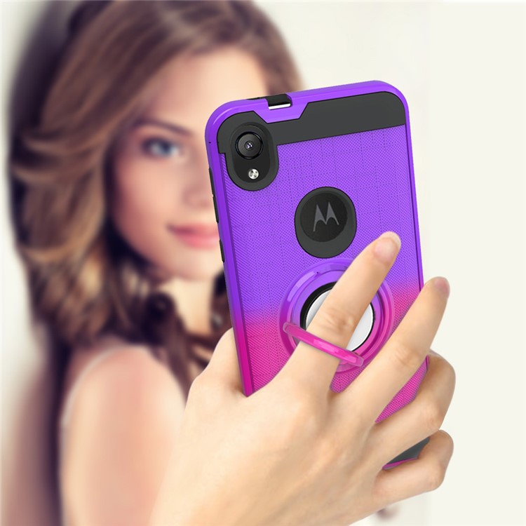 Gradient Color Plastic + TPU Phone Cover Case with Ring Holder Kickstand for Motorola Moto E6 - Purple+Rose-3