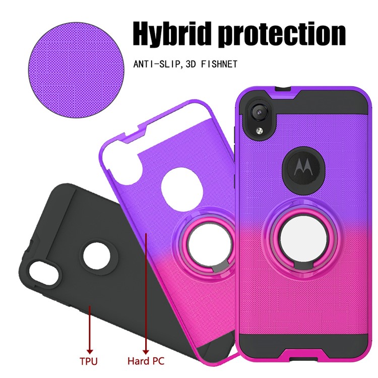 Gradient Color Plastic + TPU Phone Cover Case with Ring Holder Kickstand for Motorola Moto E6 - Purple+Rose-5