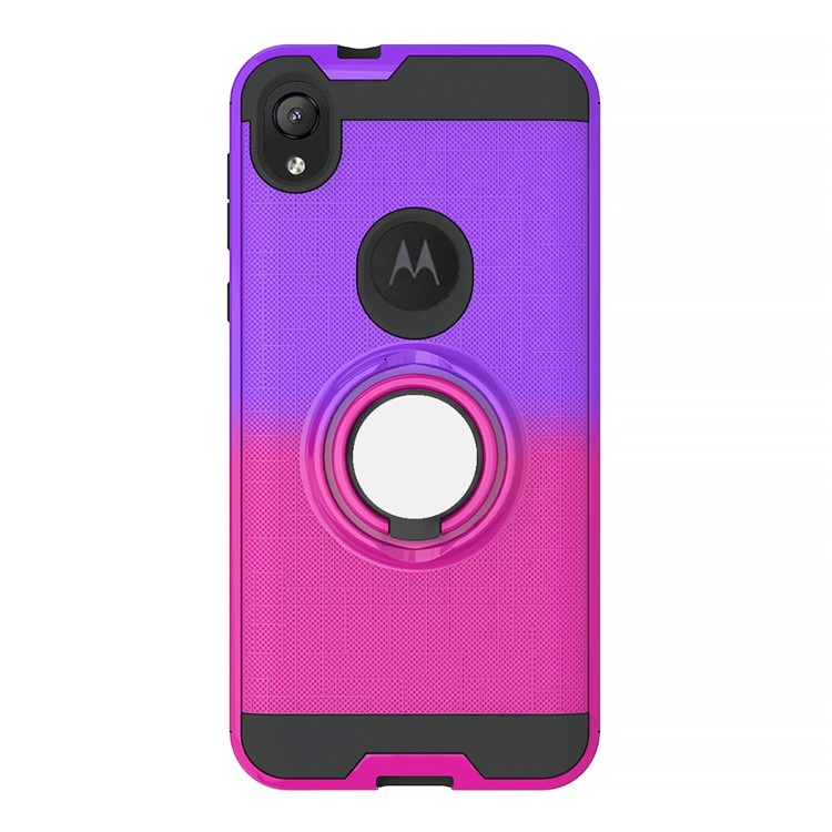 Gradient Color Plastic + TPU Phone Cover Case with Ring Holder Kickstand for Motorola Moto E6 - Purple+Rose-7