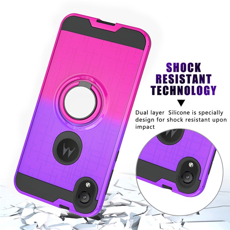 Gradient Color Plastic + TPU Phone Cover Case with Ring Holder Kickstand for Motorola Moto E6 - Purple+Rose-9