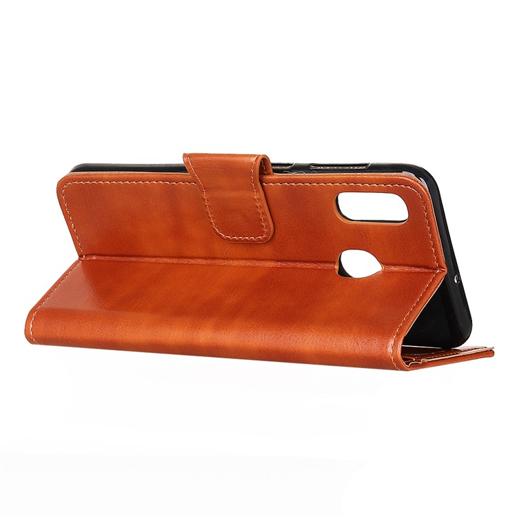 Glossy Surface Crazy Horse Skin Leather Cover Stand Wallet Casing for Motorola Moto E6 Plus/E6s (2019) - Brown-9
