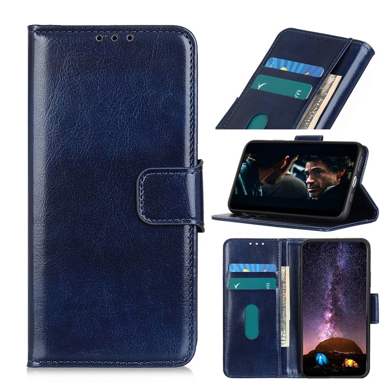 Crazy Horse Skin Glossy Surface Leather Stand Wallet Cell Phone Casing for Motorola Moto G8 - Blue-1