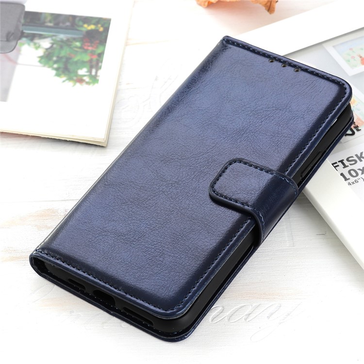 Crazy Horse Skin Glossy Surface Leather Stand Wallet Cell Phone Casing for Motorola Moto G8 - Blue-10