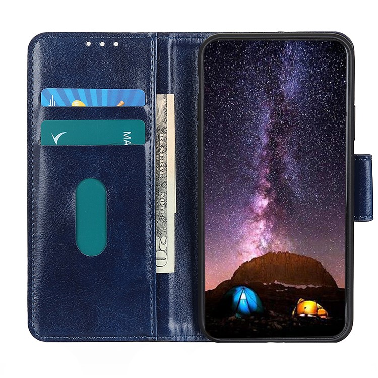 Crazy Horse Skin Glossy Surface Leather Stand Wallet Cell Phone Casing for Motorola Moto G8 - Blue-7