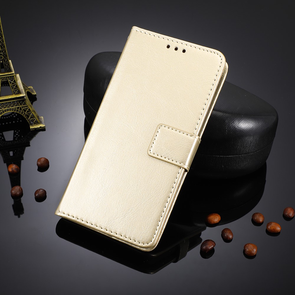 Funda de Carcasa de Billetera de Cuero de Superficie de Caballo Loco Para Motorola Moto E6 Play - Oro