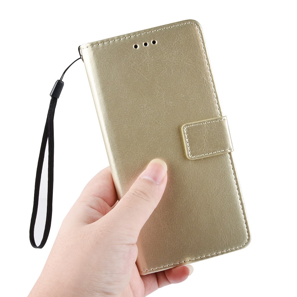 Funda de Carcasa de Billetera de Cuero de Superficie de Caballo Loco Para Motorola Moto E6 Play - Oro