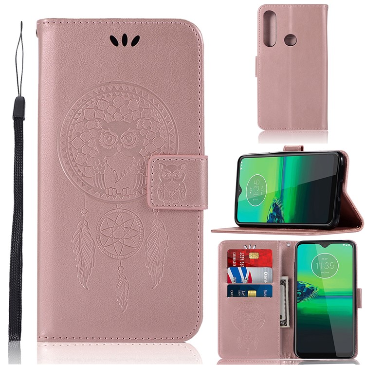 Imprint Dream Catcher Owl Wallet Leather Flip Cover for Motorola Moto G8 Play/One Macro - Rose Gold-1