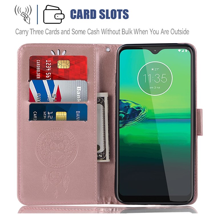 Imprint Dream Catcher Owl Wallet Leather Flip Cover for Motorola Moto G8 Play/One Macro - Rose Gold-4